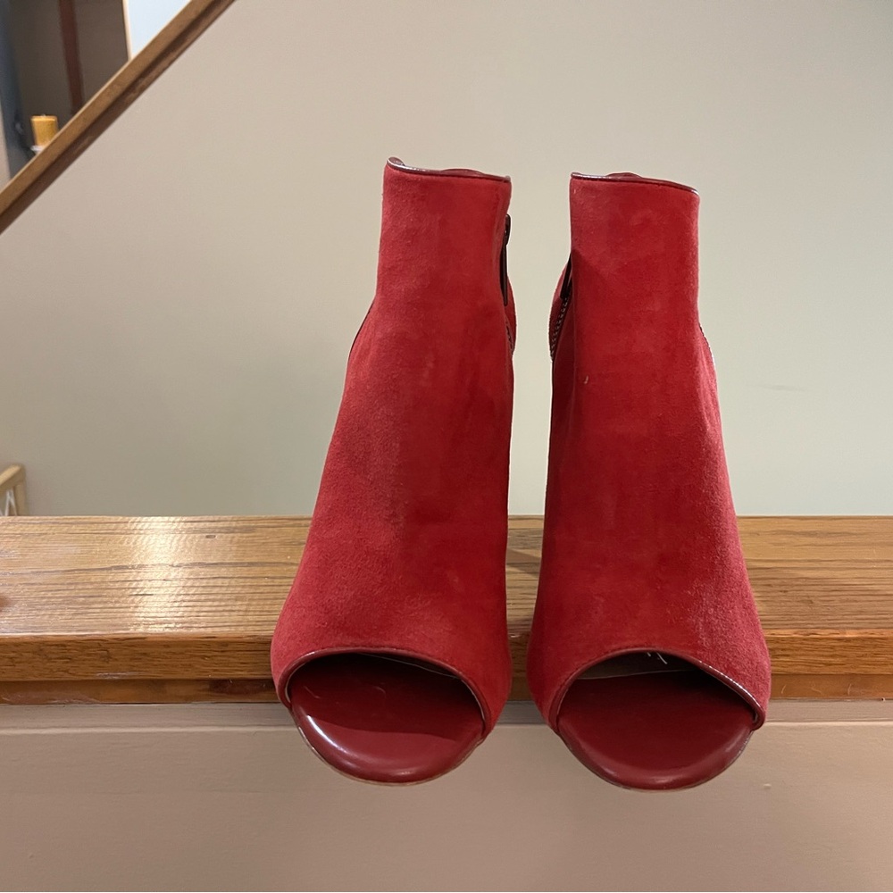 Joie Red Suede Peep-Toe Ankle Booties